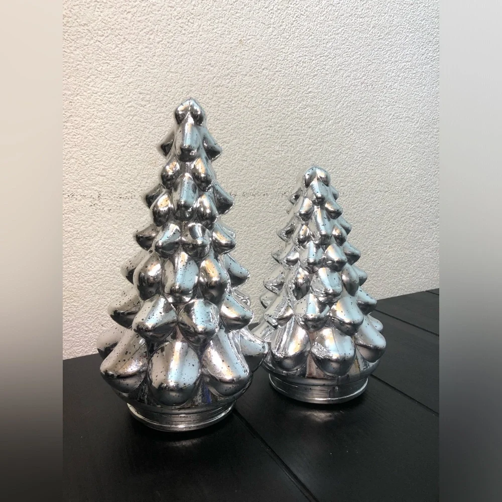 Silver Ceramic Lighted Holiday Tree Décor - Set of 2